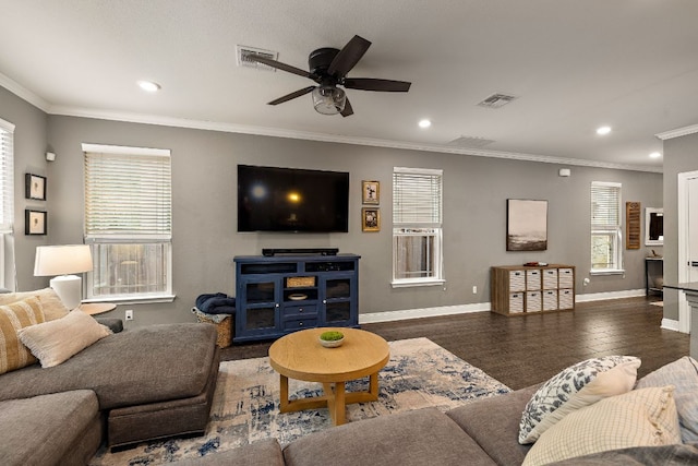 404 Buttercup Creek Blvd Unit 11, Cedar Park, TX 78613 - living area featuring ceiling fan, crown molding, recessed lighting, baseboards, and wood finished floors