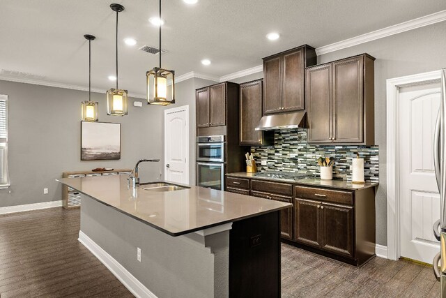 404 Buttercup Creek Blvd Unit 11, Cedar Park, TX 78613 - kitchen with a sink, stainless steel appliances, a center island with sink, decorative backsplash, and dark brown cabinets