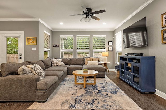 404 Buttercup Creek Blvd Unit 11, Cedar Park, TX 78613 - living area featuring dark wood-style flooring, baseboards, ceiling fan, crown molding, and recessed lighting