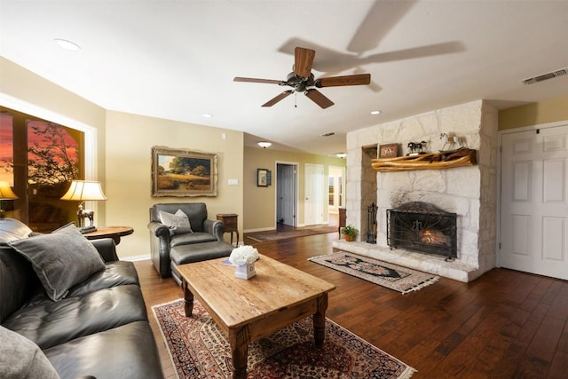 2400 W Fitzhugh Rd, Dripping Springs, TX 78630 - living area featuring a ceiling fan, a fireplace, hardwood / wood-style flooring, baseboards, and recessed lighting