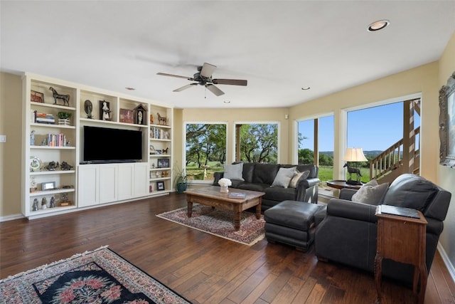 2400 W Fitzhugh Rd, Dripping Springs, TX 78630 - living room with dark wood-style flooring, a ceiling fan, and recessed lighting