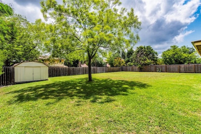 view of yard with a storage shed, an outbuilding, and a fenced backyard