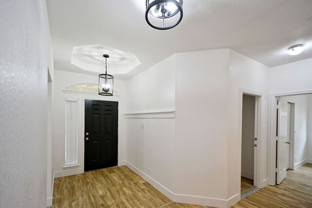 2539 Fayette Dr, New Braunfels, TX 78130 - entryway featuring wood finished floors, baseboards, and a raised ceiling