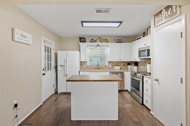 kitchen with visible vents, a sink, white cabinetry, backsplash, and appliances with stainless steel finishes