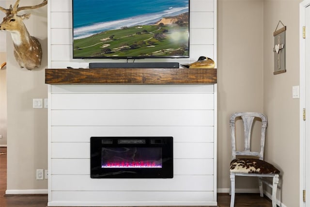 room details with wood finished floors, baseboards, and a glass covered fireplace