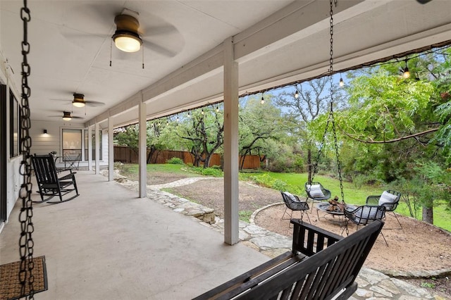 113 Comet, Lakeway, TX 78734 - view of patio with a fenced backyard, ceiling fan, and an outdoor fire pit