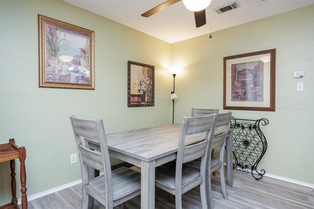 dining room with ceiling fan, baseboards, visible vents, and wood finished floors