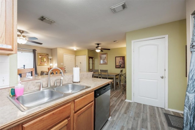 kitchen featuring a ceiling fan, a sink, visible vents, and stainless steel dishwasher
