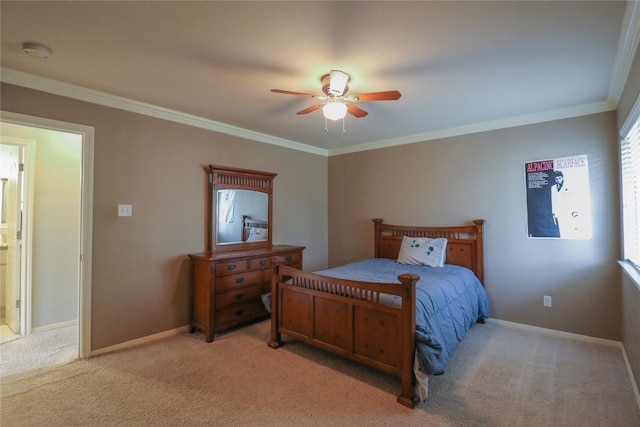 bedroom featuring crown molding, light carpet, baseboards, and ceiling fan