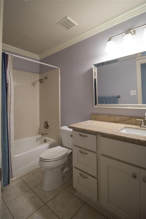 full bath featuring toilet, ornamental molding, visible vents, tile patterned flooring, and vanity