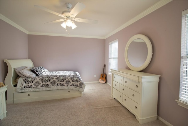 2005 Forest Hill Cv, Round Rock, TX 78665 - bedroom with light colored carpet, crown molding, baseboards, and ceiling fan