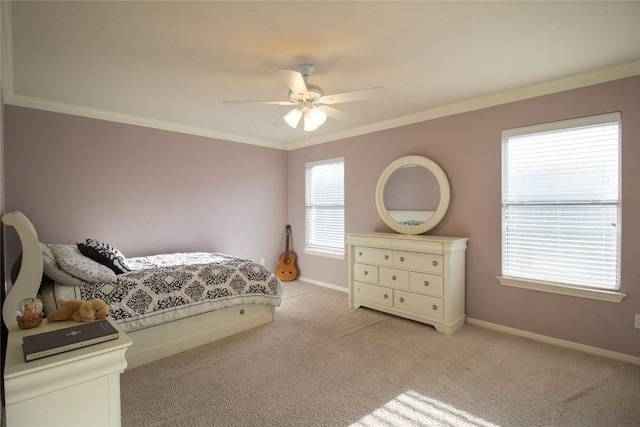 bedroom with light carpet, ornamental molding, baseboards, and ceiling fan