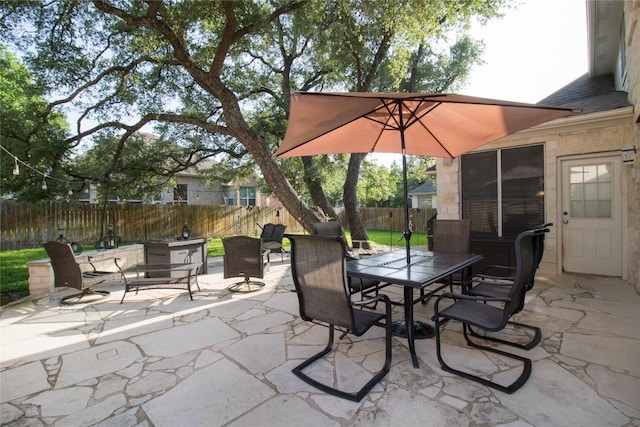 view of patio / terrace featuring a fenced backyard and outdoor dining area