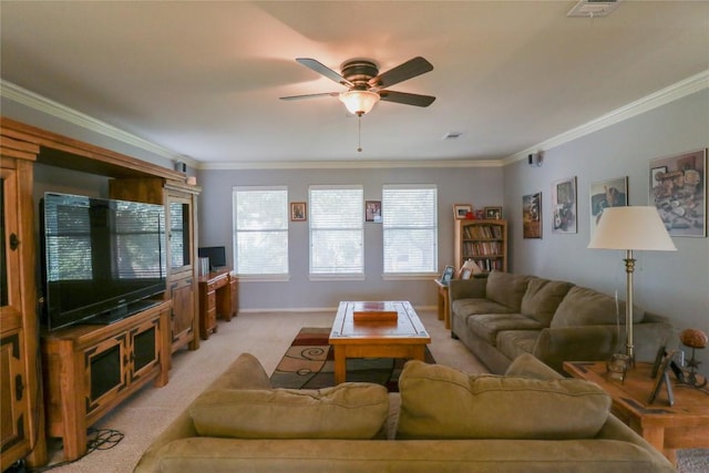 living area featuring light carpet, ceiling fan, ornamental molding, and baseboards