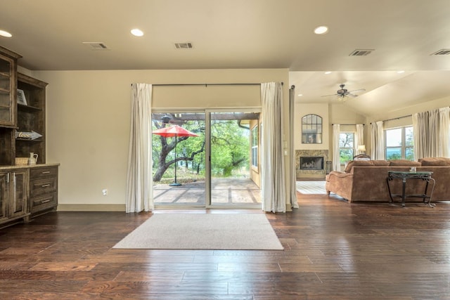 600 Mountain Dew Rd, Horseshoe Bay, TX 78657 - living room with visible vents, dark wood-style flooring, and ceiling fan