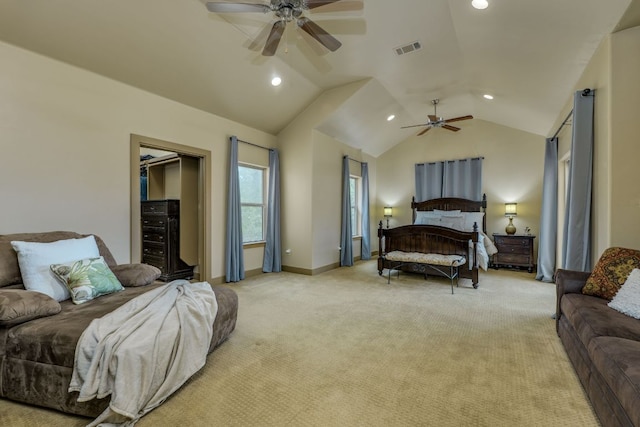 600 Mountain Dew Rd, Horseshoe Bay, TX 78657 - bedroom featuring lofted ceiling, visible vents, recessed lighting, light carpet, and baseboards