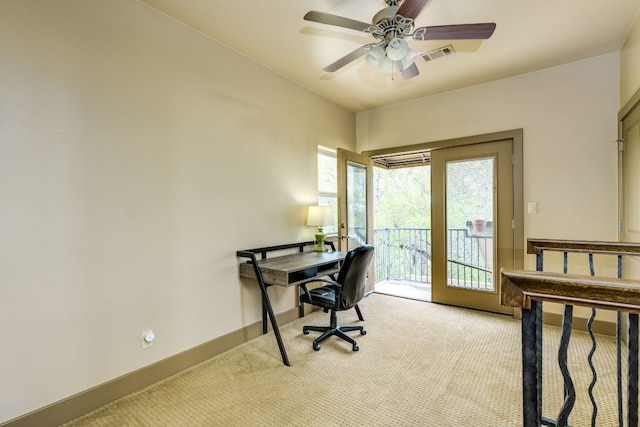 600 Mountain Dew Rd, Horseshoe Bay, TX 78657 - office featuring carpet flooring, visible vents, baseboards, and ceiling fan