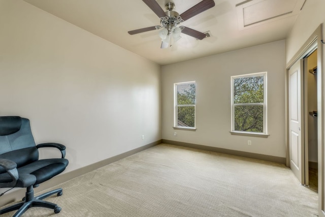 600 Mountain Dew Rd, Horseshoe Bay, TX 78657 - unfurnished office with light colored carpet, attic access, baseboards, and ceiling fan