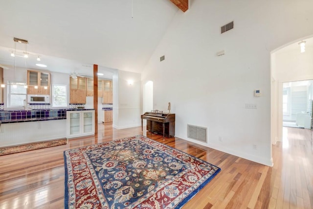 3701 Fischer Store Rd, Wimberley, TX 78676 - living area with arched walkways, light wood-type flooring, and visible vents
