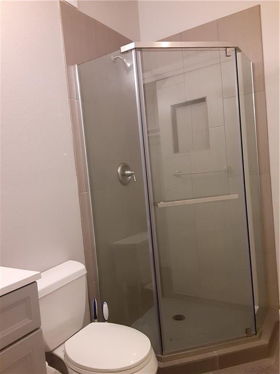 bathroom with vanity, toilet, and a stall shower