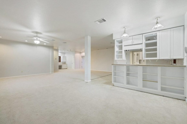 18700 Madrone Ranch Trl, Austin, TX 78738 - unfurnished living room with ceiling fan, light carpet, baseboards, and visible vents