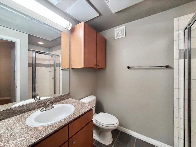 2502 Leon St Unit 515, Austin, TX 78705 - full bathroom with toilet, tile patterned floors, visible vents, a shower stall, and vanity