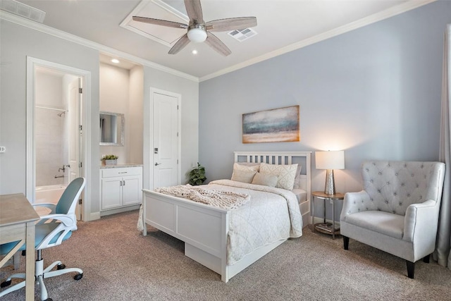 1300 Morning Moon Cir, Austin, TX 78732 - bedroom featuring light colored carpet, ornamental molding, ensuite bath, recessed lighting, and baseboards