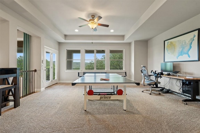 1300 Morning Moon Cir, Austin, TX 78732 - recreation room featuring a raised ceiling, carpet flooring, a ceiling fan, a desk, and recessed lighting