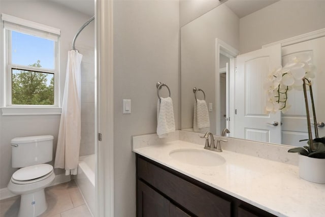1300 Morning Moon Cir, Austin, TX 78732 - full bathroom with vanity, toilet, tile patterned floors, and shower / tub combo with curtain