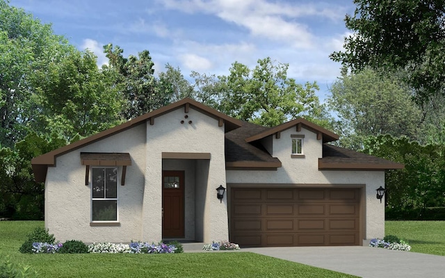 view of front of home featuring a garage, stucco siding, concrete driveway, roof with shingles, and a front lawn
