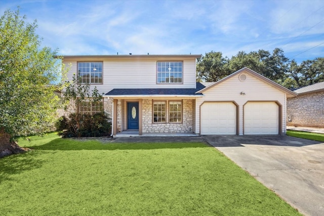 traditional-style house featuring stone siding, a garage, a front lawn, a porch, and driveway