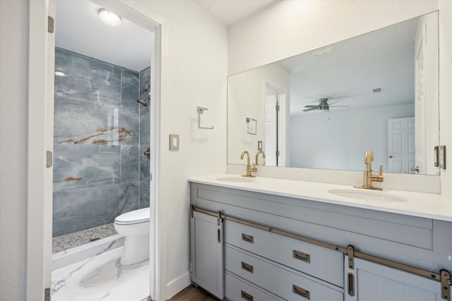 full bathroom featuring a shower stall, toilet, and a sink