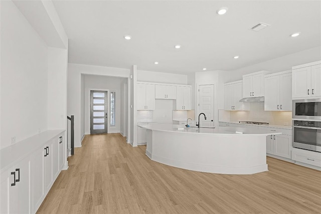 505 Golden Sage Ave, Georgetown, TX 78633 - kitchen featuring stainless steel appliances, under cabinet range hood, light wood finished floors, light countertops, and backsplash