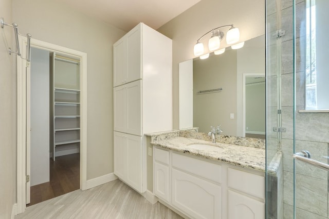 bathroom featuring a shower stall, wood finished floors, vanity, and a spacious closet