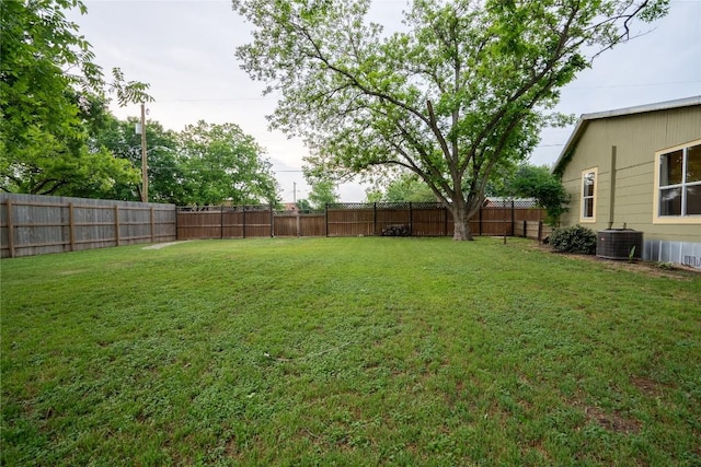 view of yard featuring central air condition unit and a fenced backyard