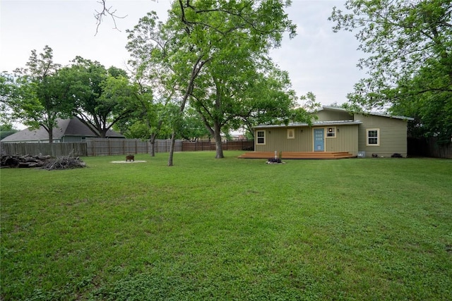 view of yard with a fenced backyard and a deck
