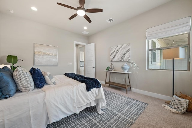 6800 Idea Rd, Austin, TX 78741 - bedroom featuring a ceiling fan, recessed lighting, carpet, baseboards, and visible vents