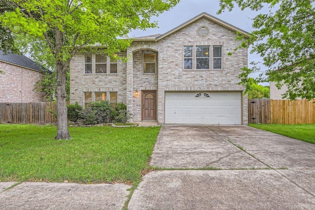 1171 Southern Pl, Round Rock, TX 78665 - view of front facade featuring fence, brick siding, concrete driveway, a garage, and a front lawn