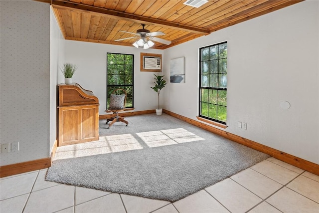 sitting room with wood ceiling, tile patterned floors, baseboards, beamed ceiling, and ceiling fan