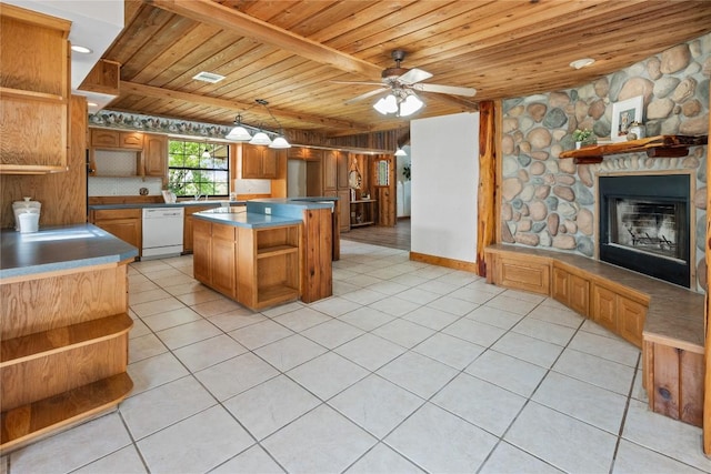 kitchen with open shelves, dishwasher, a fireplace, a ceiling fan, and wood ceiling