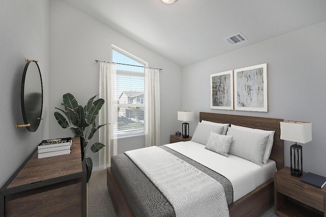 bedroom featuring baseboards, multiple windows, visible vents, and vaulted ceiling