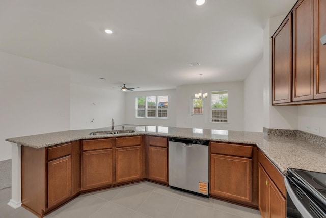 kitchen featuring black electric range, stainless steel dishwasher, brown cabinetry, and a sink