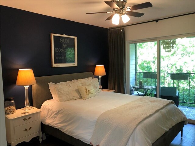 6409 Burns St Unit 306, Austin, TX 78752 - bedroom with wood finished floors, access to exterior, and ceiling fan