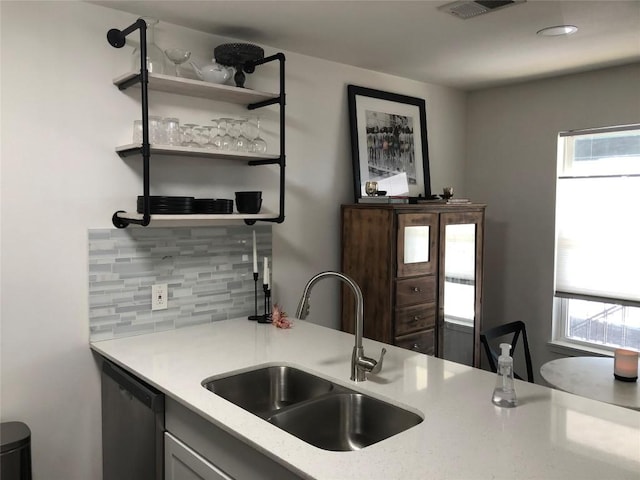 6409 Burns St Unit 306, Austin, TX 78752 - kitchen with a sink, open shelves, dishwashing machine, visible vents, and backsplash