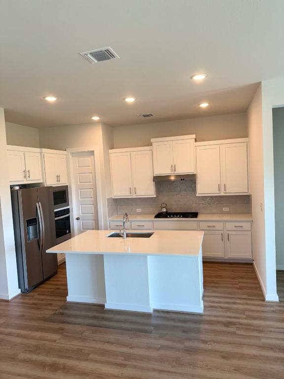 4319 Port Hope St, Round Rock, TX 78665 - kitchen with stainless steel appliances, white cabinets, dark wood-style flooring, and recessed lighting