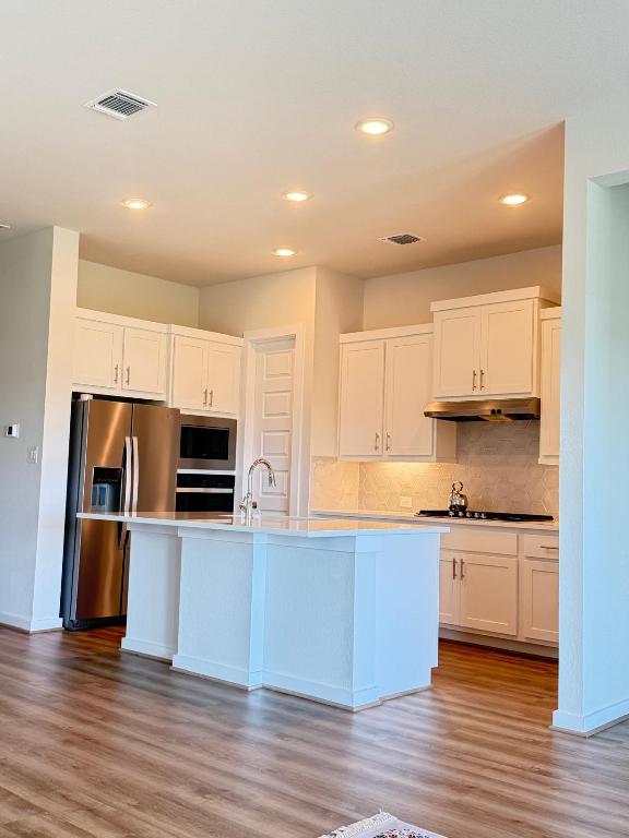 4319 Port Hope St, Round Rock, TX 78665 - kitchen featuring stainless steel appliances, under cabinet range hood, white cabinetry, wood finished floors, and recessed lighting