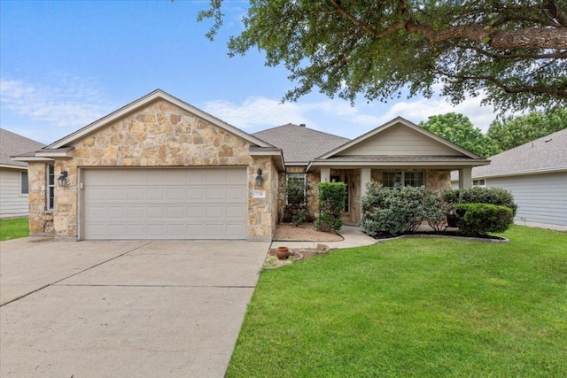ranch-style home featuring concrete driveway, an attached garage, a front lawn, and stone siding