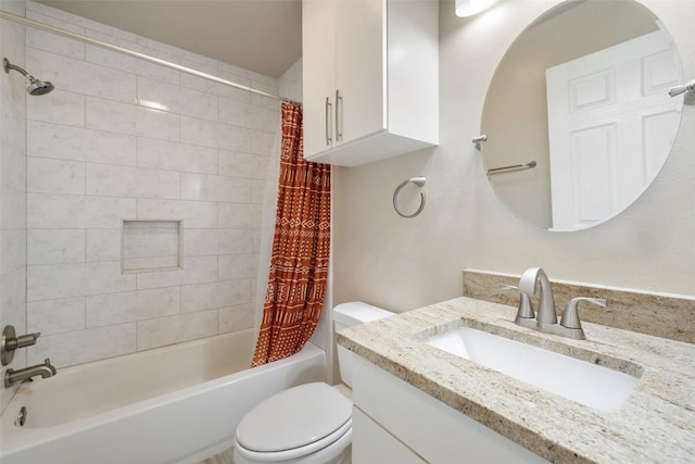 bathroom with toilet, vanity, and shower / bath combination with curtain