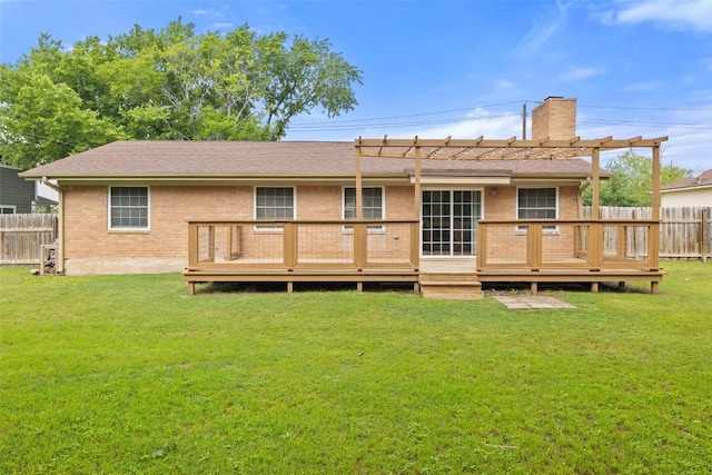 216 Lizzie St, Taylor, TX 76574 - rear view of property featuring brick siding, a deck, a pergola, a chimney, and a shingled roof