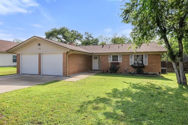 ranch-style home with concrete driveway, brick siding, a garage, and fence